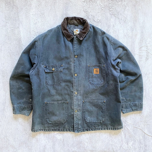 VINTAGE FADED BLACK/GREY CARHARTT CHORE JACKET-1990'S SIZE XL