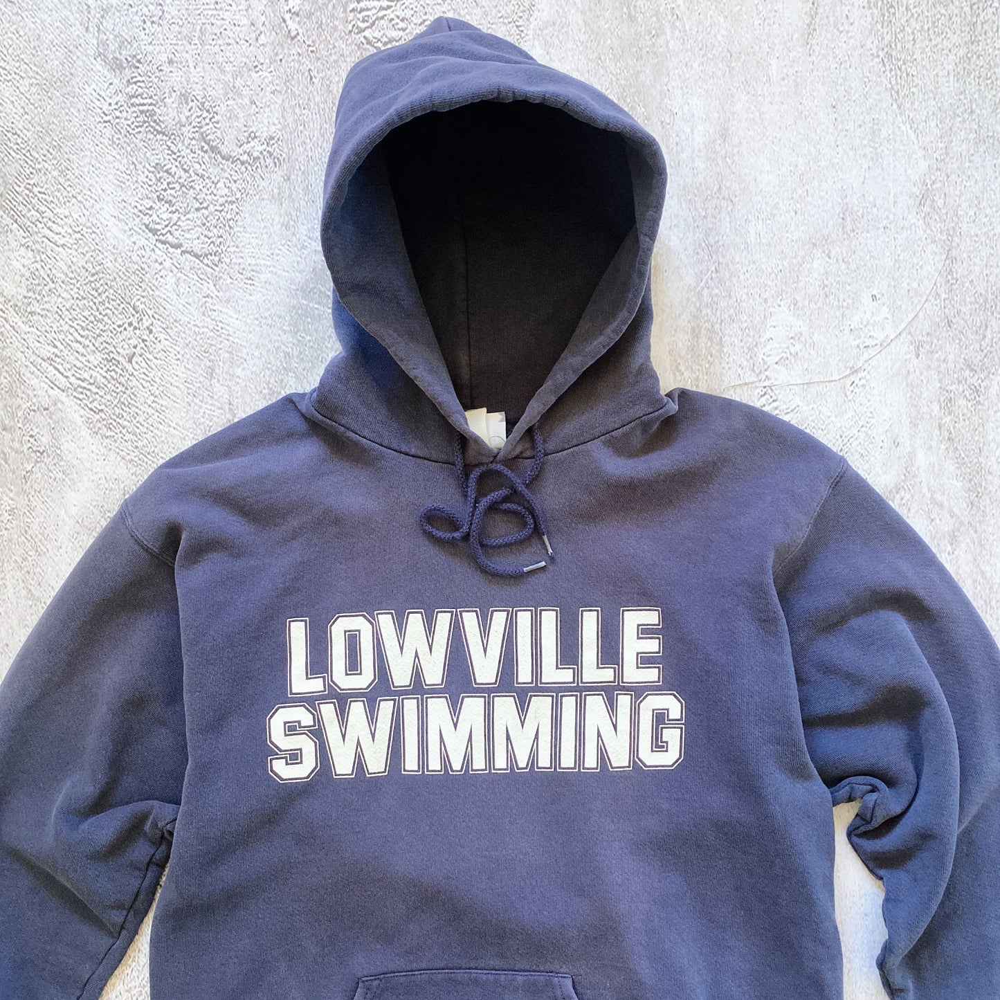 VINTAGE FADED BLUE LOWVILLE SWIMMING HOODIE-1990'S SIZE S/M