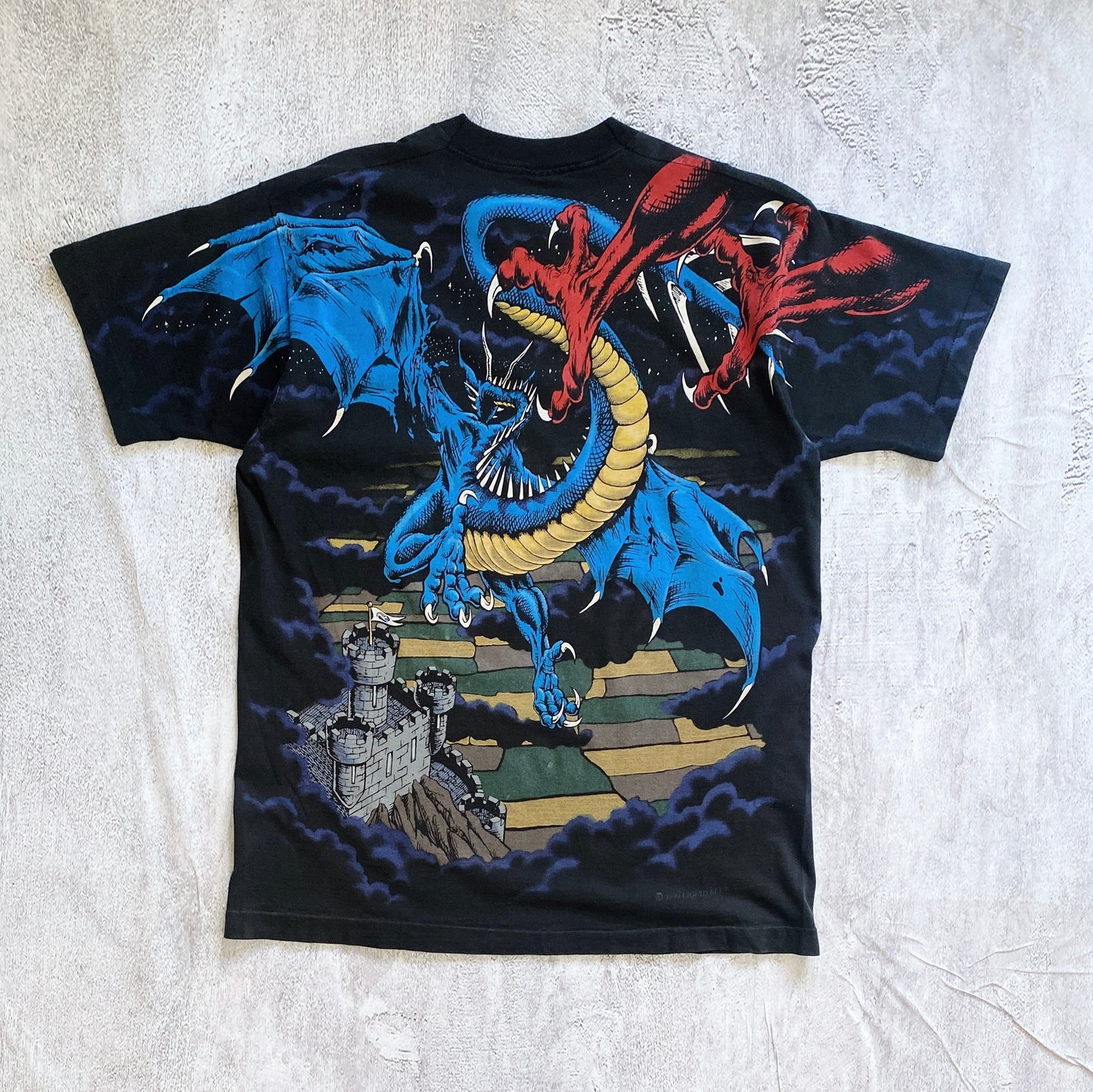 VINTAGE SINGLE STITCH LIQUID BLUE DUELING DRAGONS ALL OVER PRINT TEE-1990'S SIZE XL