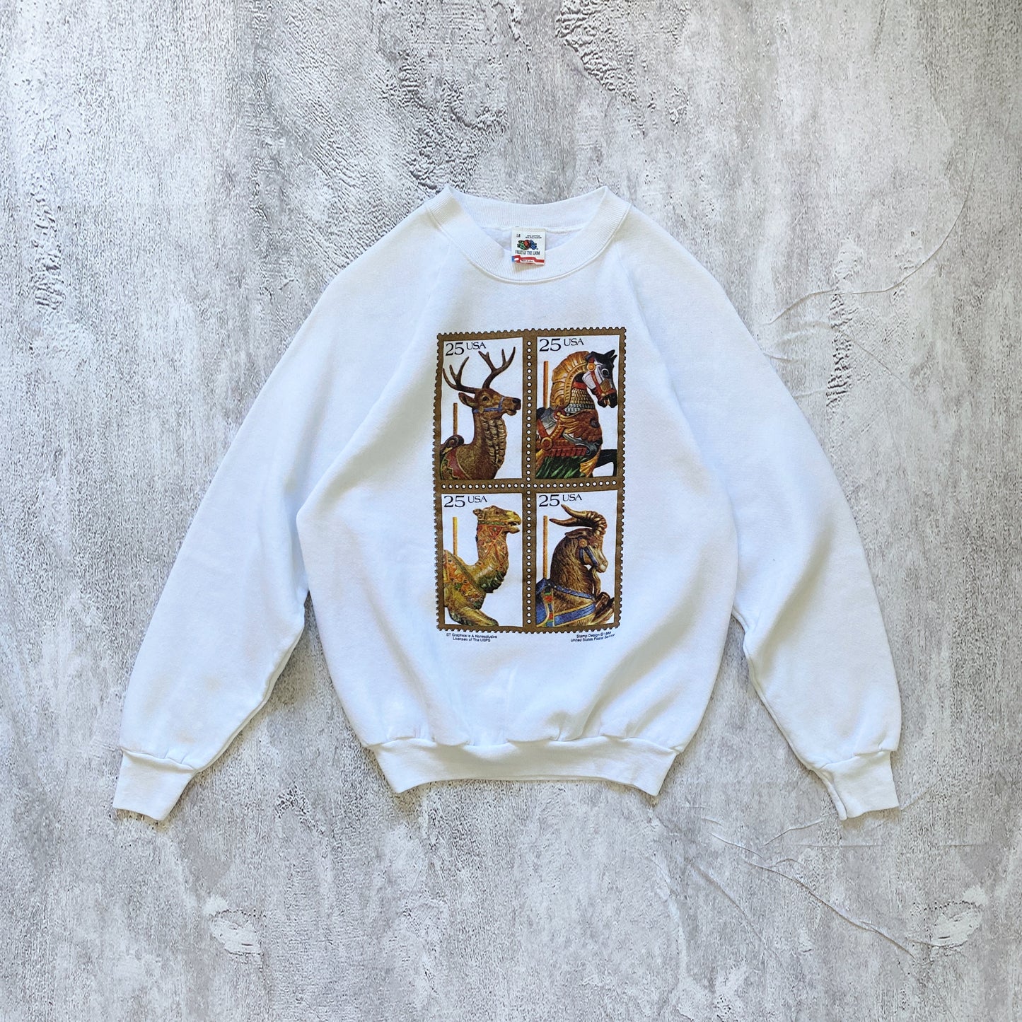 VINTAGE WHITE STAMP DESIGN SWEATSHIRT-1980'S SIZE S