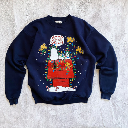 VINTAGE NAVY BLUE PEANUTS CHRISTMAS SWEATSHIRT-1990'S SIZE L/M