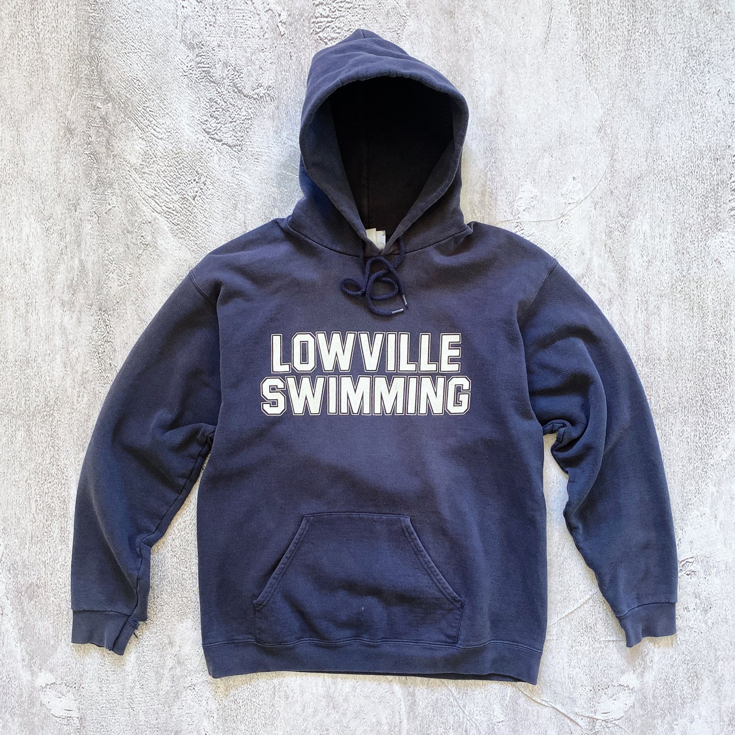 VINTAGE FADED BLUE LOWVILLE SWIMMING HOODIE-1990'S SIZE S/M