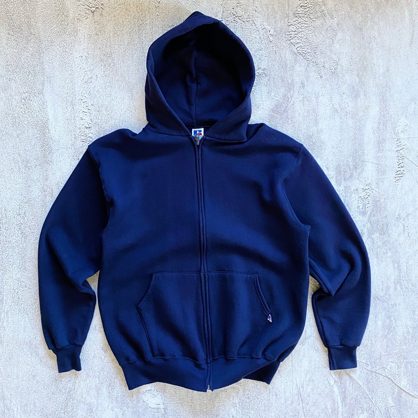 VINTAGE NAVY BLUE RUSSELL ZIP UP HOODIE-1990'S SIZE XL