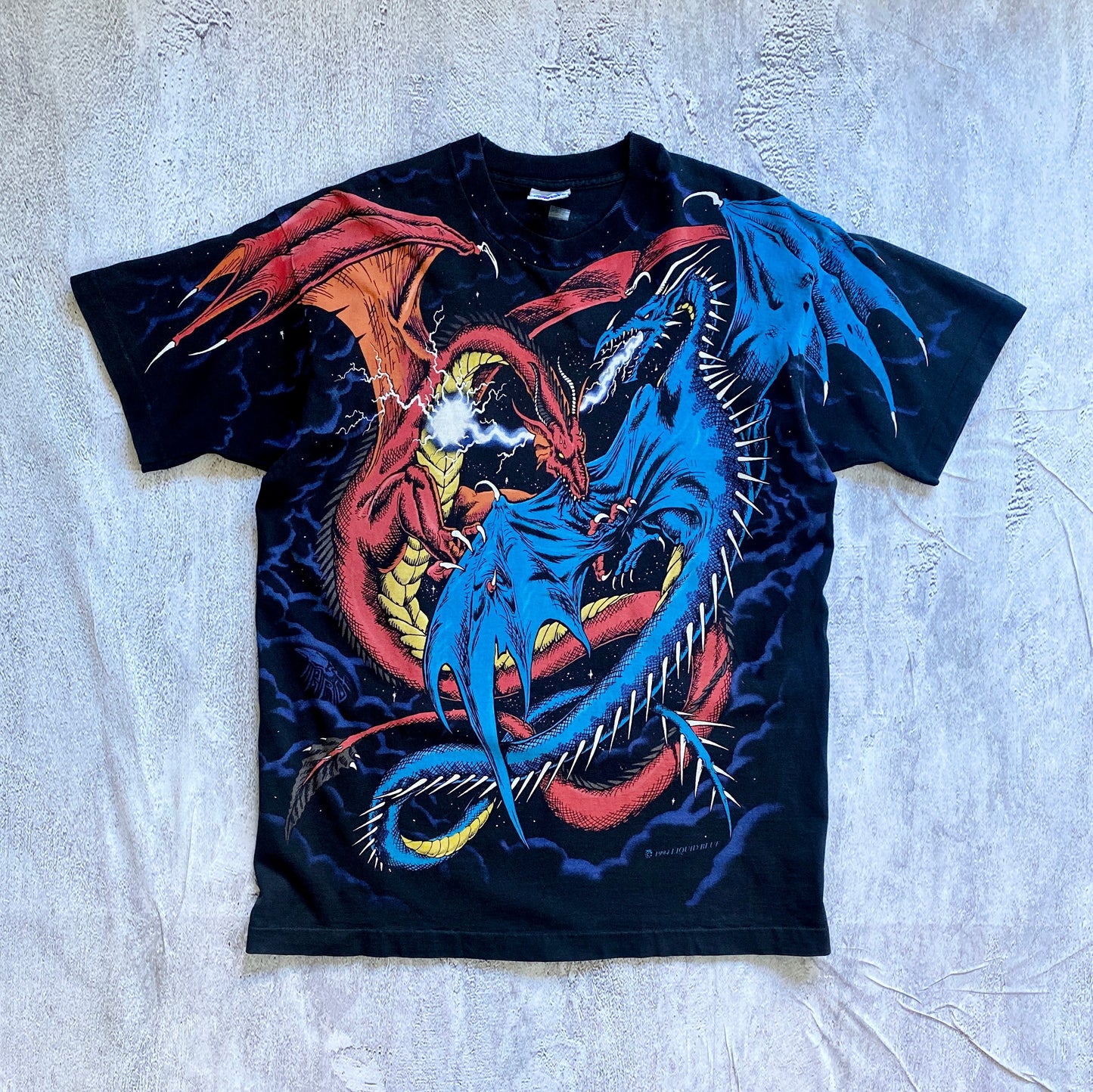 VINTAGE SINGLE STITCH LIQUID BLUE DUELING DRAGONS ALL OVER PRINT TEE-1990'S SIZE XL