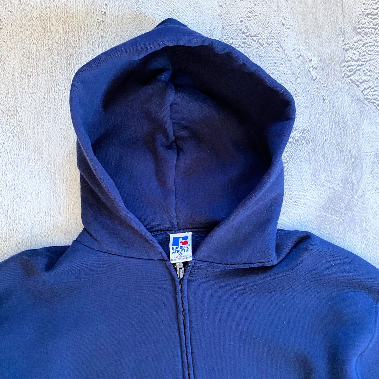 VINTAGE NAVY BLUE RUSSELL ZIP UP HOODIE-1990'S SIZE XL