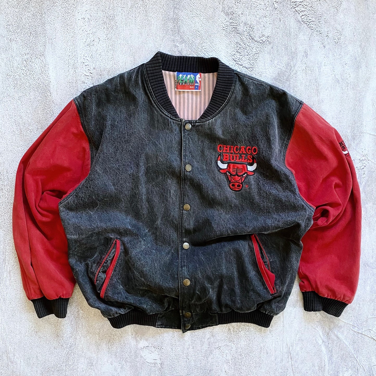 VINTAGE TEAM CHOICE CHICAGO BULLS DENIM VARSITY JACKET-1990'S SIZE L