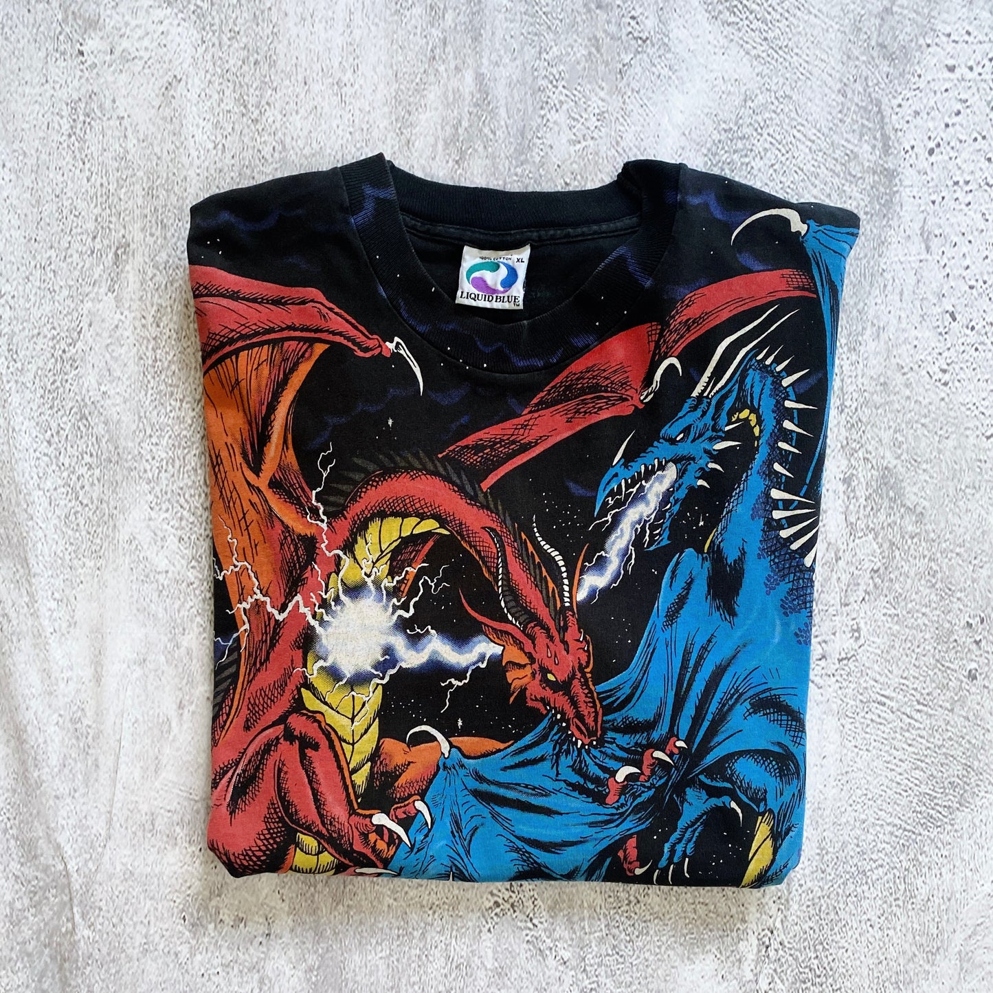 VINTAGE SINGLE STITCH LIQUID BLUE DUELING DRAGONS ALL OVER PRINT TEE-1990'S SIZE XL