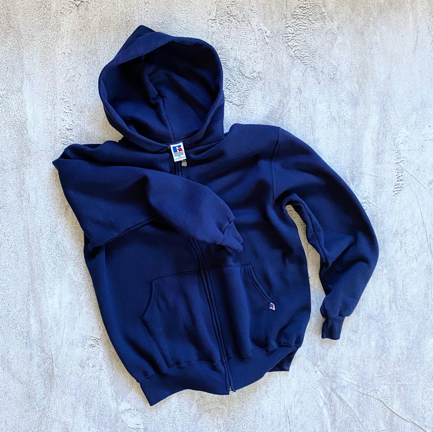 VINTAGE NAVY BLUE RUSSELL ZIP UP HOODIE-1990'S SIZE XL