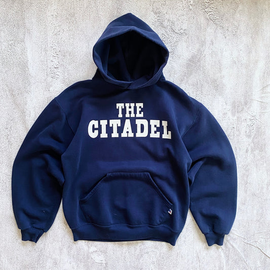 VINTAGE NAVY BLUE RUSSELL ATHLETIC "THE CITADEL" HOODIE-1990S SIZE M