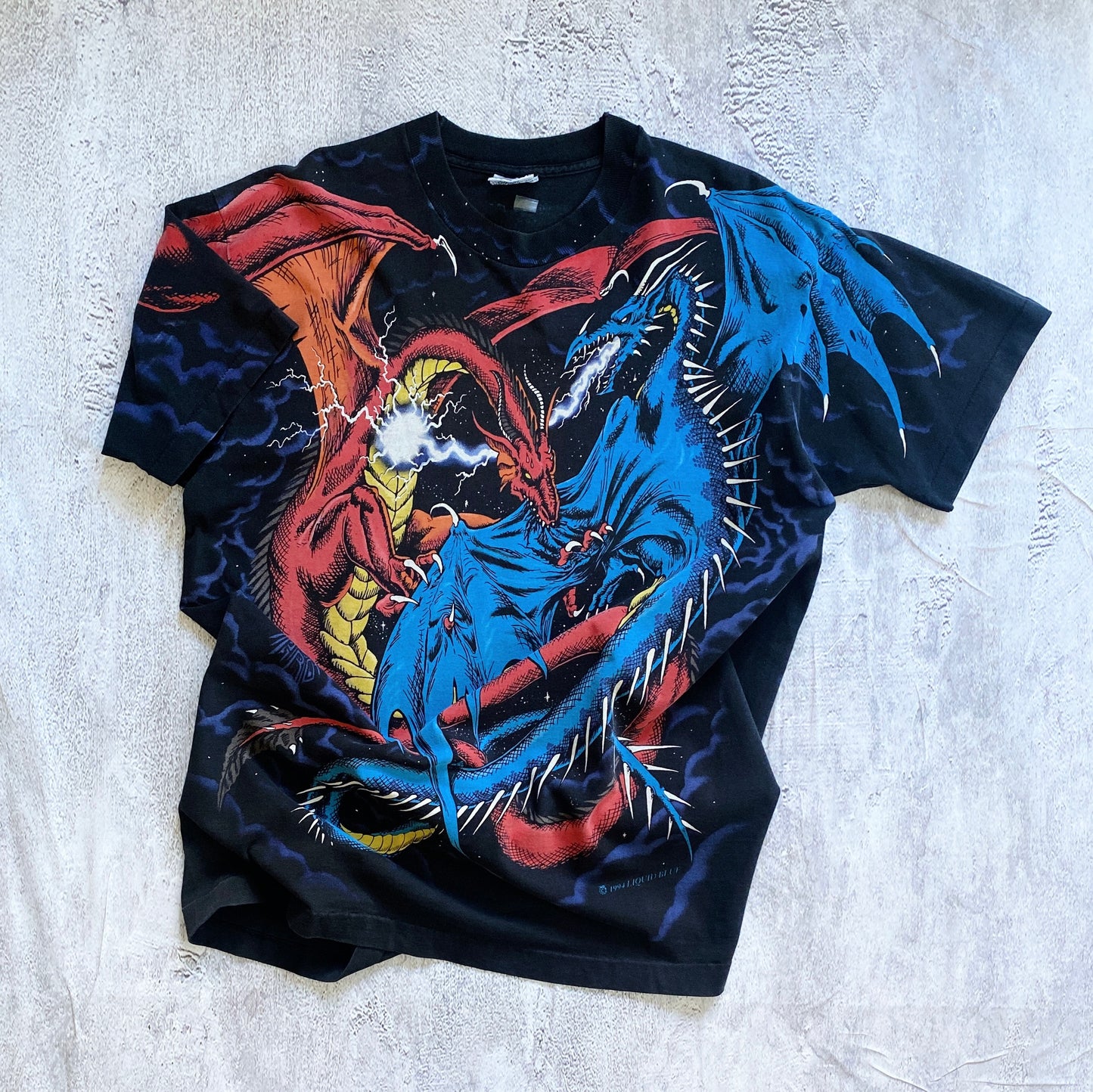 VINTAGE SINGLE STITCH LIQUID BLUE DUELING DRAGONS ALL OVER PRINT TEE-1990'S SIZE XL