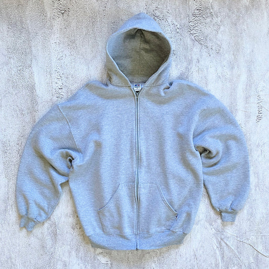 VINTAGE HEATHER GREY RUSSELL ATHLETIC ZIP UP HOODIE-1990'S SIZE XL